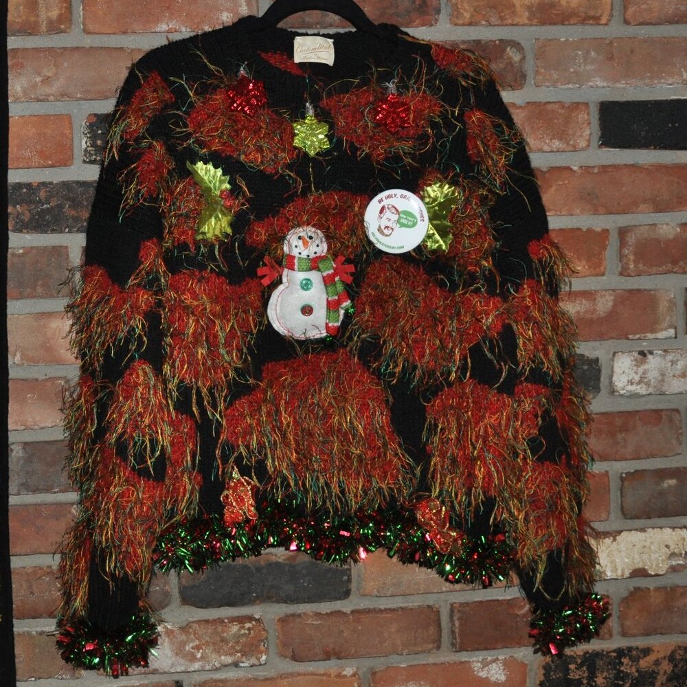 Custom Made, Ornaments, Tinsel, Snowman, Tacky (Hairy) Knit Christmas Sweater M